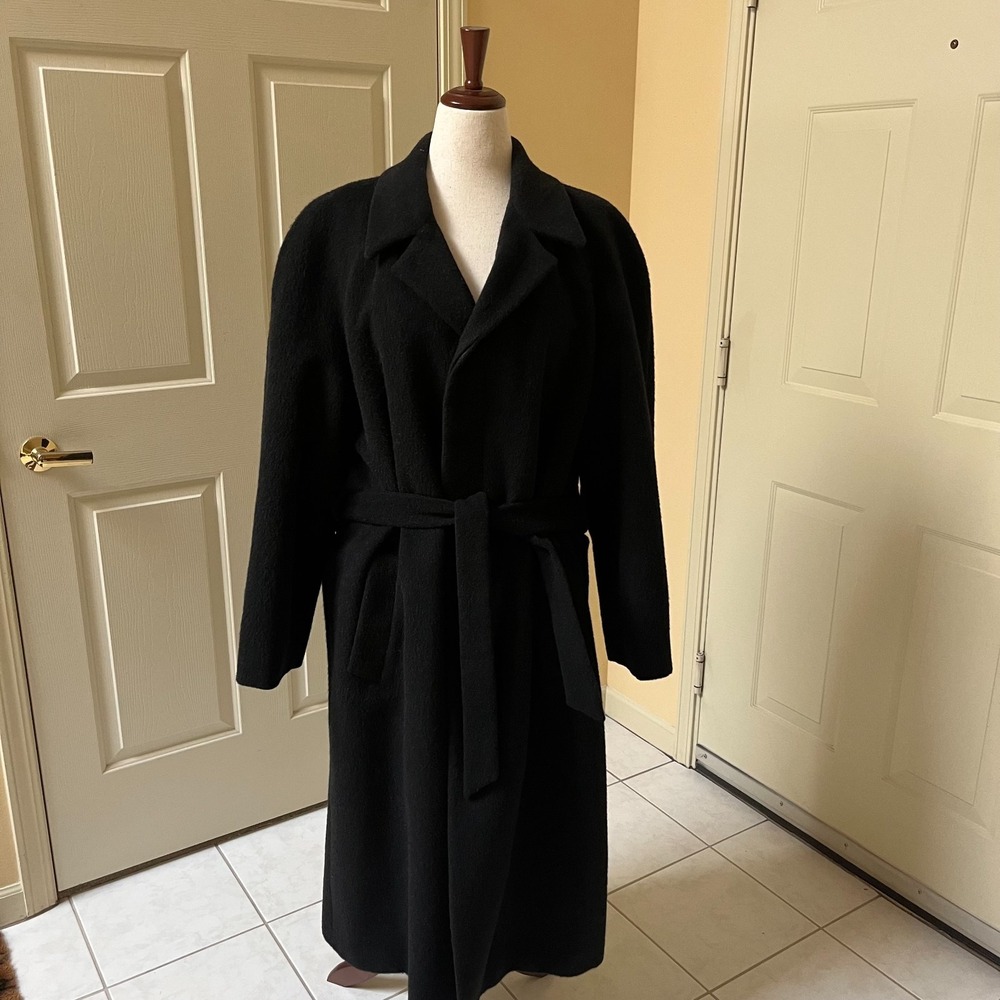 Harve Benard Alpaca Wool Long Trench Coat Black Belted Overcoat Mens 42R Vintage